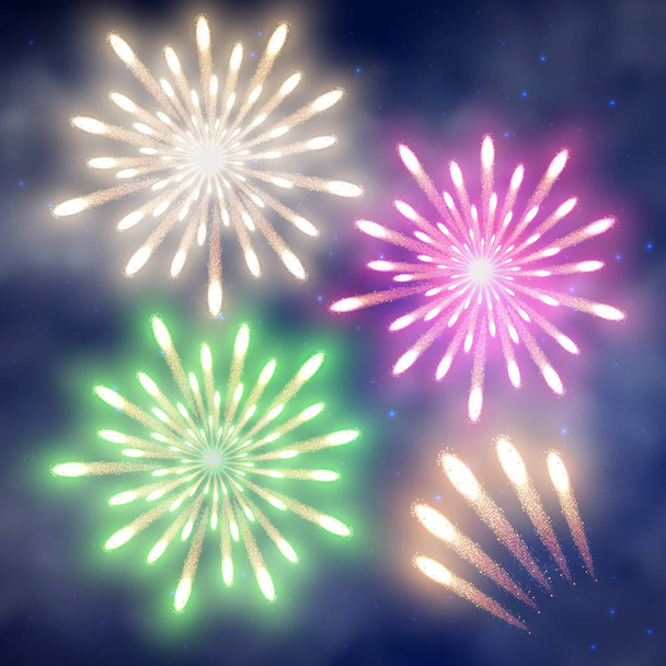 Festive firework, bursting salute on night sky background. Raster image for greeting cards. - Photo, Image