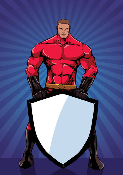 Powerful superhero holding big shield on abstract ray light background. - Vector, Image