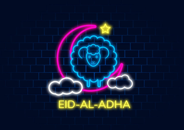 Projeto do neon do cartão do vetor com carneiro bonito do bebê para a comunidade muçulmana, festival do sacrifício, Eid-Al-Adha Mubarak
. - Vetor, Imagem
