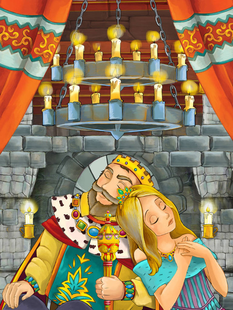 happy cartoon scene with prince or king and princess or queen with their little child in castle room - illustration for children - Foto, Bild