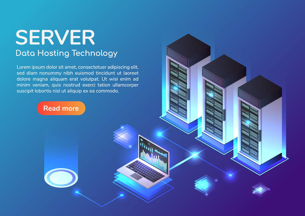 3D-s izometrikus web banner szerver szoba és hosting raktározás technológia. Web hosting szerver és a data center leszállás oldal koncepció. - Vektor, kép
