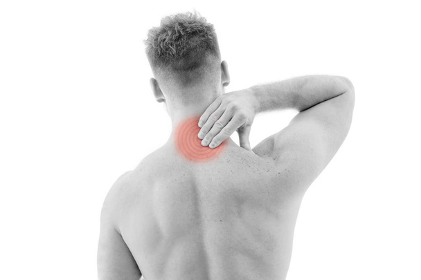 Man with neck pain over white background - Photo, Image