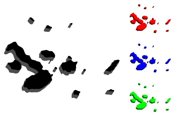 3D map of Galapagos Islands (Archipielago de Colon) - black, red, blue and green - vector illustration - Вектор,изображение