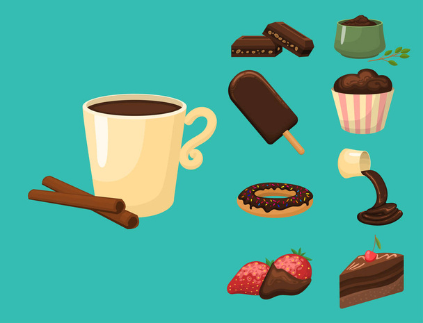 Chocolate various tasty sweets and candies sweet brown delicious gourmet sugar cocoa snack vector illustration - Вектор,изображение