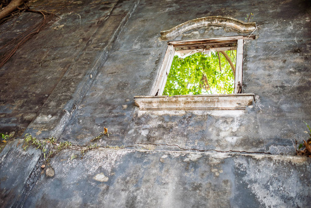 Window in a grungy looking wall of the abandoned buliding with green trees on the backgorund - Photo, Image