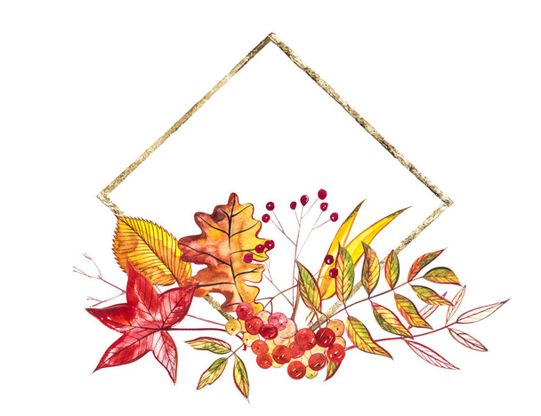 Autumn composition. Illustrations made of autumn berries and leaves on white background. Watercolor illustrations. - Photo, Image