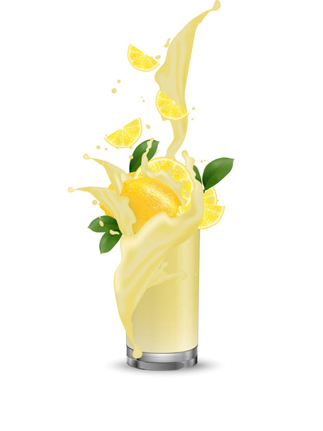 Splash of lemon, lime juice. 3d realistic vector EPS 10. Packaging template. Brand advertising. Splash swirl in the realistic glass. Lemon and lime slices falling into the glass cup with leaves.   - Vector, Image