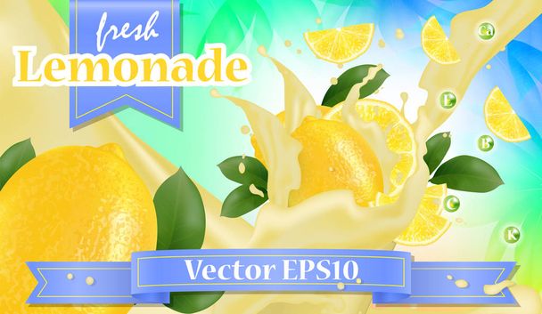 Vector ads 3d promotion banner, Realistic lemon and  fruit splashing with falling slices, juice drops, vitamins, leaves. Mock up for juice, ice cream, yogurt brand advertising. Label poster template.  - Vector, Image