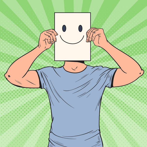 Pop Art Man with Smiley Emoticon on Paper Sheet. Chico feliz sosteniendo un emoticono sonriente. Ilustración vectorial
 - Vector, imagen