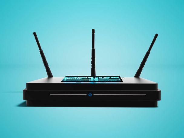 Moderno router wi fi negro en tres antenas en el frente 3d renderizar sobre fondo azul con sombra
 - Foto, Imagen