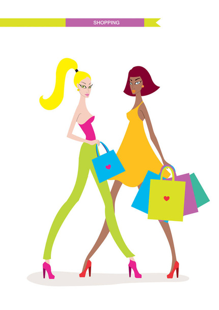 hermosas mujeres jóvenes con bolsas de compras aisladas sobre fondo blanco - Vector, Imagen