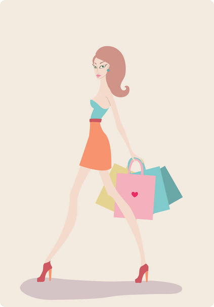 Young beautiful woman with shopping bags on light background - Vector, afbeelding