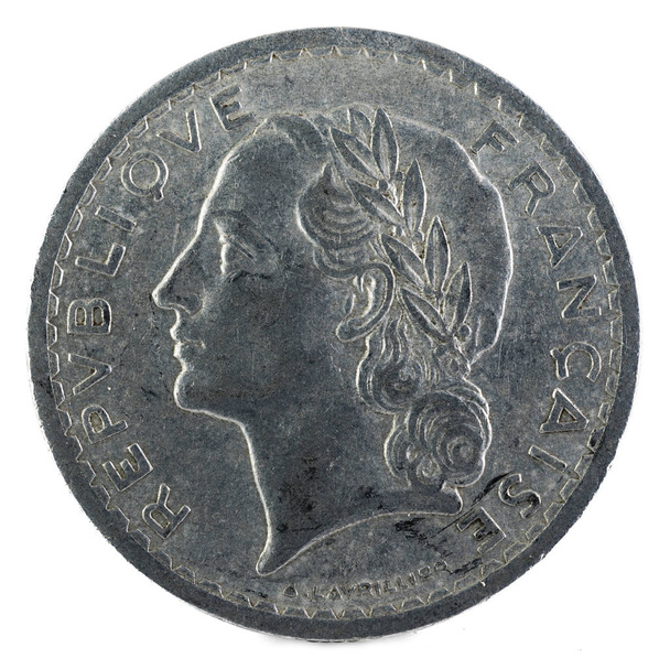 Oude Franse munt. 5 Frank. 1949. voorzijde. - Foto, afbeelding