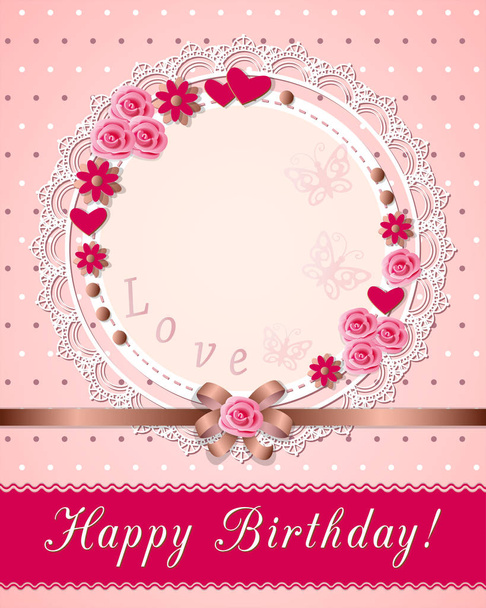 Birthday card with handwritten inscription Happy Birthday on the ribbon and scrapbooking flowers on the openwork napkin. eps10 - Vektor, Bild