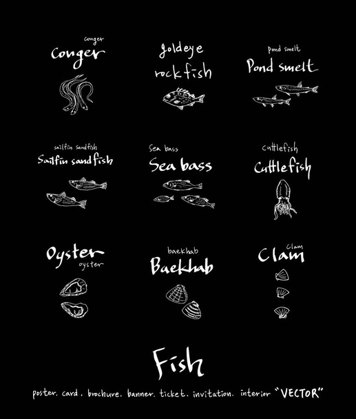 Hand drawn food ingredients - sea food menu illustrations - vector - Vektor, kép
