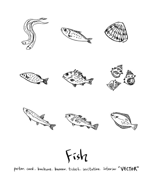 Hand drawn food ingredients - sea food menu illustrations - vector - Vektor, kép