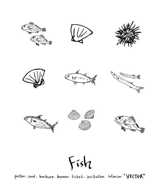 Hand drawn food ingredients - sea food menu illustrations - vector - Vector, Imagen