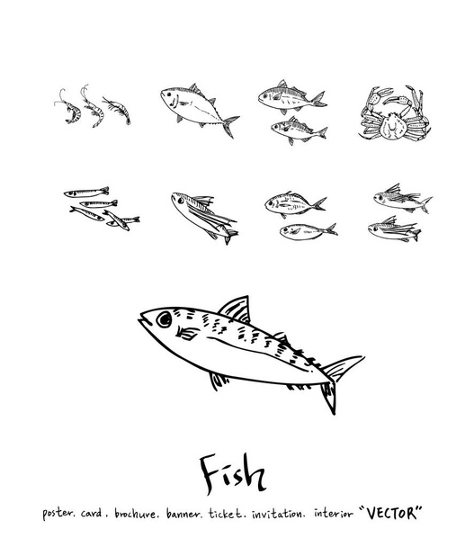 Hand drawn food ingredients - sea food menu illustrations - vector - Vecteur, image