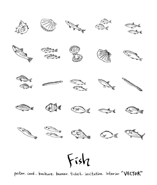 Hand drawn food ingredients - sea food menu illustrations - vector - Vector, imagen