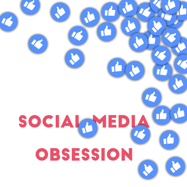 Een obsessie voor sociale media. Social media iconen in abstracte vorm achtergrond met verspreide duimen omhoog.  - Foto, afbeelding