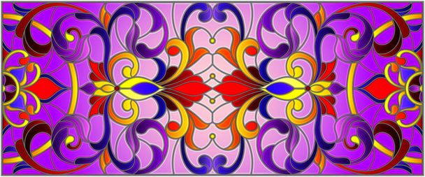 Illustrazione in stile vetrate con turbinii astratti, fiori e foglie su sfondo viola, orientamento orizzontale
 - Vettoriali, immagini