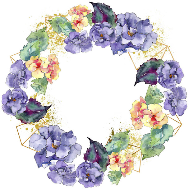 Purple and orange gardania flower. Floral botanical flower. Isolated illustration element. Aquarelle wildflower for background, texture, wrapper pattern, frame or border. - Photo, Image