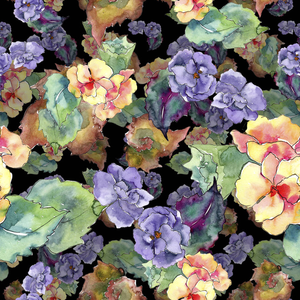 Purple and orange gardania flower. Floral botanical flower. Seamless background pattern. Fabric wallpaper print texture. Aquarelle wildflower for background, texture, wrapper pattern, frame or border. - Valokuva, kuva