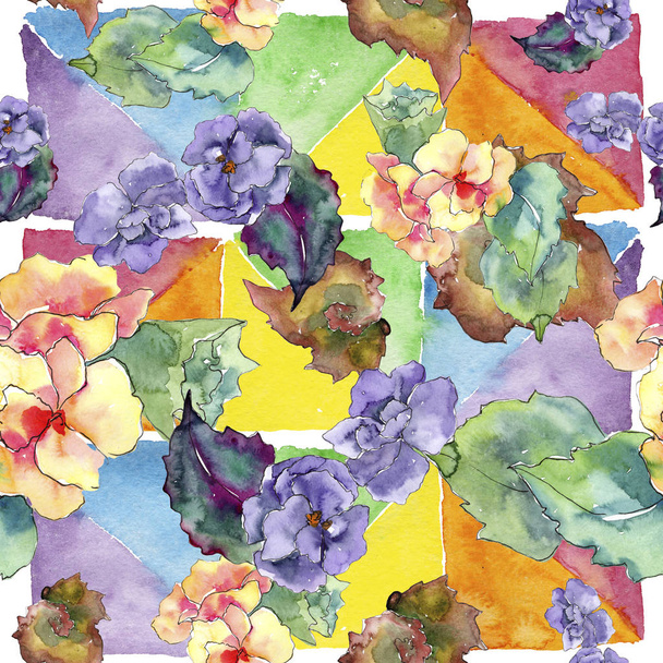 Purple and orange gardania flower. Floral botanical flower. Seamless background pattern. Fabric wallpaper print texture. Aquarelle wildflower for background, texture, wrapper pattern, frame or border. - Photo, Image