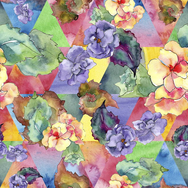 紫とオレンジ色の gardania の花。花植物の花。シームレスな背景パターン。壁紙印刷手触りの生地。背景、テクスチャ、ラッパー パターン、フレームや境界線の aquarelle ワイルドフラワー. - 写真・画像