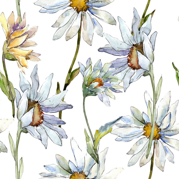 White daisy flower. Floral botanical flower. Seamless background pattern. Fabric wallpaper print texture. Aquarelle wildflower for background, texture, wrapper pattern, frame or border. - 写真・画像