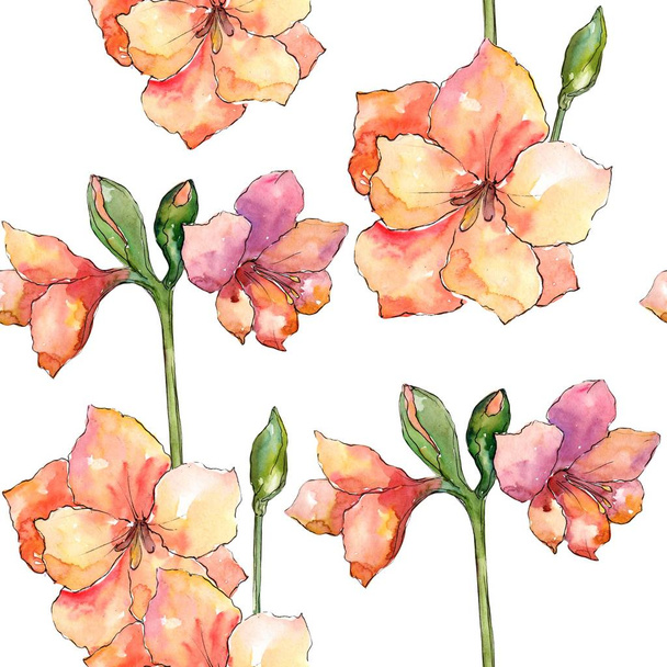 Orange amaryllis. Floral botanical flower. Seamless background pattern. Fabric wallpaper print texture. Aquarelle wildflower for background, texture, wrapper pattern, frame or border. - Photo, Image