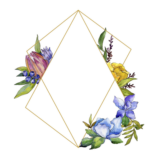 Colorful bouquet tropical flowers. Floral botanical flower. Frame border ornament square. Aquarelle wildflower for background, texture, wrapper pattern, frame or border. - Fotó, kép