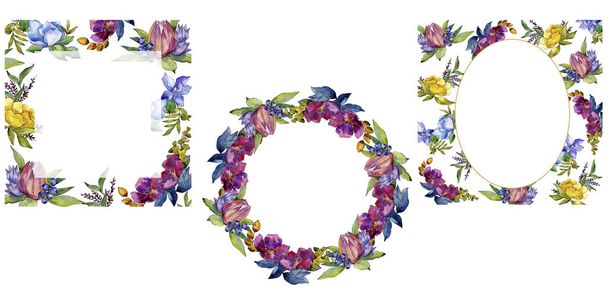 Colorful bouquet tropical flowers. Floral botanical flower. Frame border ornament square. Aquarelle wildflower for background, texture, wrapper pattern, frame or border. - Fotoğraf, Görsel