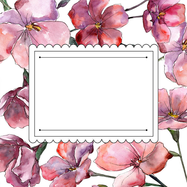 Wildflower pink flaxes. Floral botanical flower.Frame border ornament square. Aquarelle wildflower for background, texture, wrapper pattern, frame or border. - Photo, Image