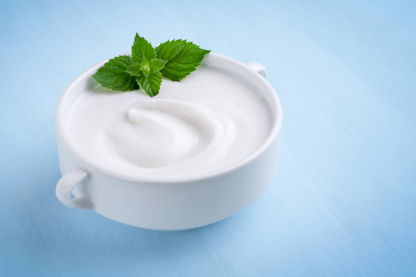 hausgemachter Joghurt mit Minzblatt in einem weißen Gericht. - Foto, Bild