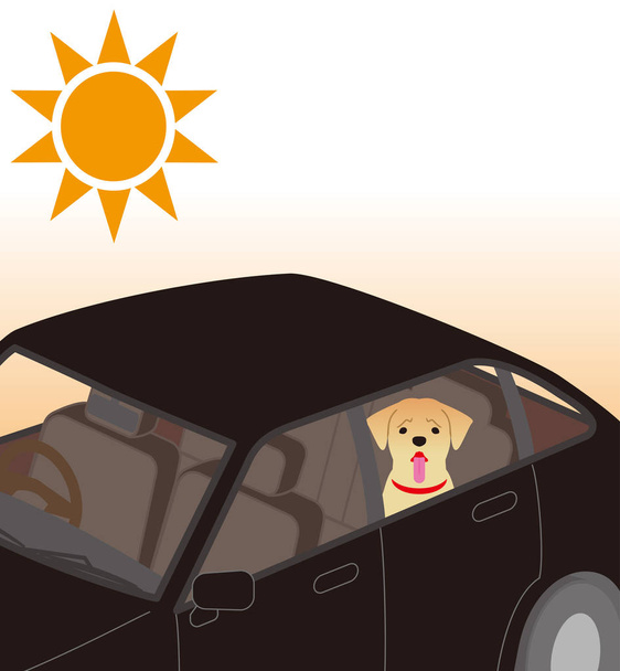 Ο κίνδυνος του κτυπήματος θερμότητας. Σκύλος που περιορίζεται στο εσωτερικό του αυτοκινήτου. - Διάνυσμα, εικόνα