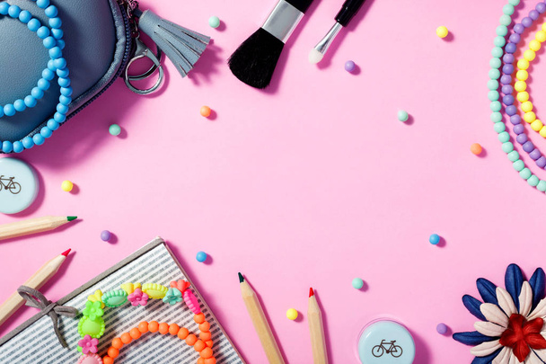 Flat lay of woman's lifestyle, cosmetics and accessories on pink background - 写真・画像