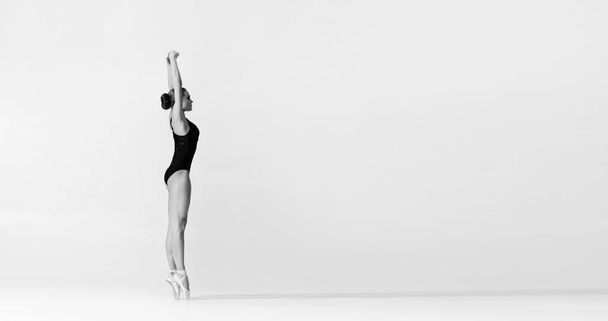 Graceful ballerina dancing in art performance. Young and beautiful ballet dancer in black and white. - 写真・画像