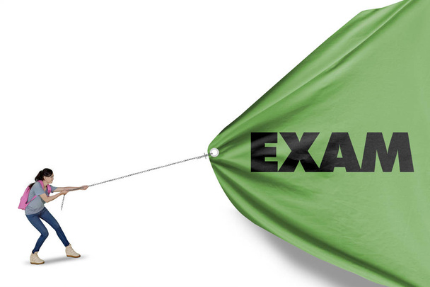 Immagine di una bella ragazza che lotta per tirare uno striscione verde con la parola d'esame, isolata su sfondo bianco
 - Foto, immagini