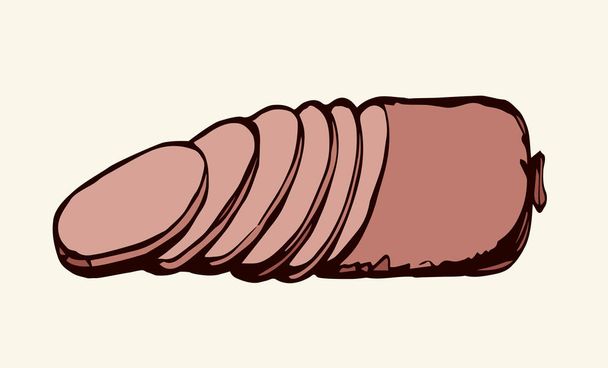Tasty salt turkey butcher pork smoked cured bratwurst in brown wrap on white picnic backdrop. Bright pink color hand drawn fresh butchery shop menu emblem logo in retro doodle style with space for text - Vector, Image