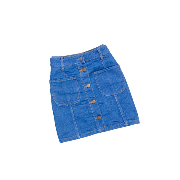 Концепция моды. Синяя джинсовая юбка на белом фоне. Изолировать
 - Фото, изображение