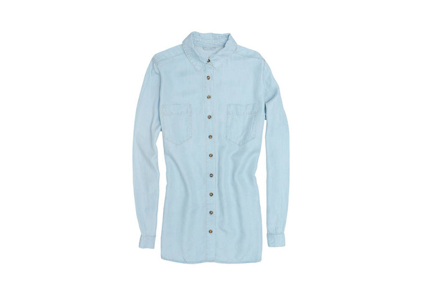 Blue denim shirt on a white background. Isolate. Fashionable concept - Photo, Image