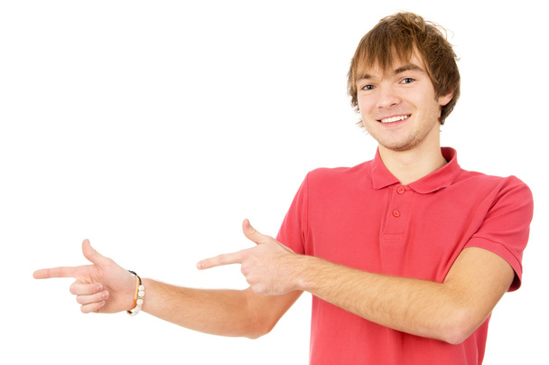 veselý chlapík gesto rukou ukazuje na reklamu - Fotografie, Obrázek
