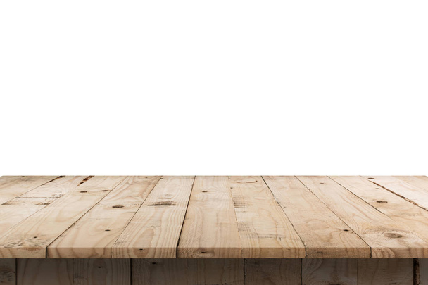 leerer Holztisch auf isoliertem weißem Hintergrund mit Displaymontage für Produkt. - Foto, Bild