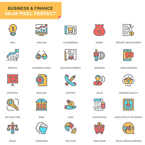 Flat line business and finance icons set for website and mobile site and apps. Contains such Icons as Analysis, Money, Accounting, Strategy. 48x48 Pixel Perfect. Pictogram pack. Vector illustration. - Vector, Image