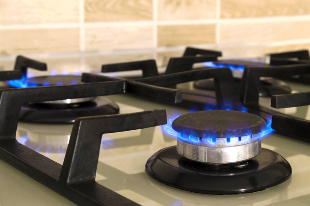close-up tiro de fogo azul de cozinha doméstica fogão top. Fogão a gás com chamas ardentes de gás propano. Conceito de recursos industriais e economia. - Foto, Imagem
