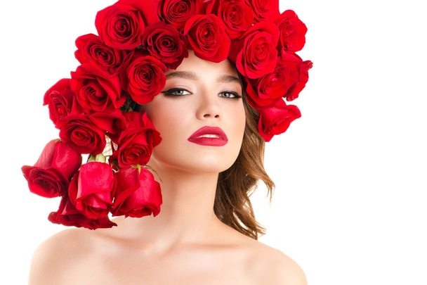 fashionable young girl with red roses  - Foto, Imagem