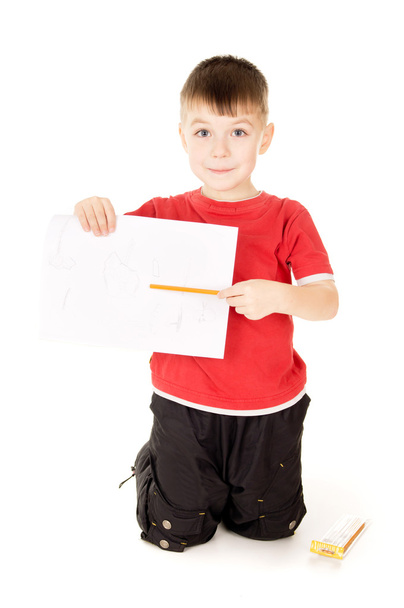 little boy shows that draws - Фото, изображение
