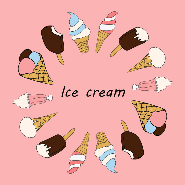 Round garland with different ice creams.  Circle with space for text. - Vecteur, image