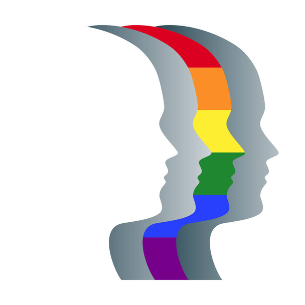 Gay en grijze silhouetten van gezichten, gepositioneerd in een rechte rij. Overlappende hoofden, een gestreepte en in de kleuren van de Lgbt-vlag, een symbool voor de gay pride, vrede en mensenrechten. Illustratie. Vector - Vector, afbeelding